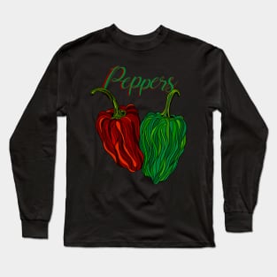 Peppers lettering, with drawn red & green peppers Long Sleeve T-Shirt